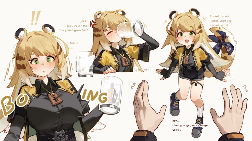 1girls anger_vein big_breasts blonde_hair blush breast_expansion breasts dialogue drinking_milk english_text eyebrows_visible_through_hair female female_focus green_eyes ju_fufu ju_fufu_(zenless_zone_zero) milk open_mouth shorter_female surprised tiger_ears tiger_girl wise_(zenless_zone_zero) zenless_zone_zero