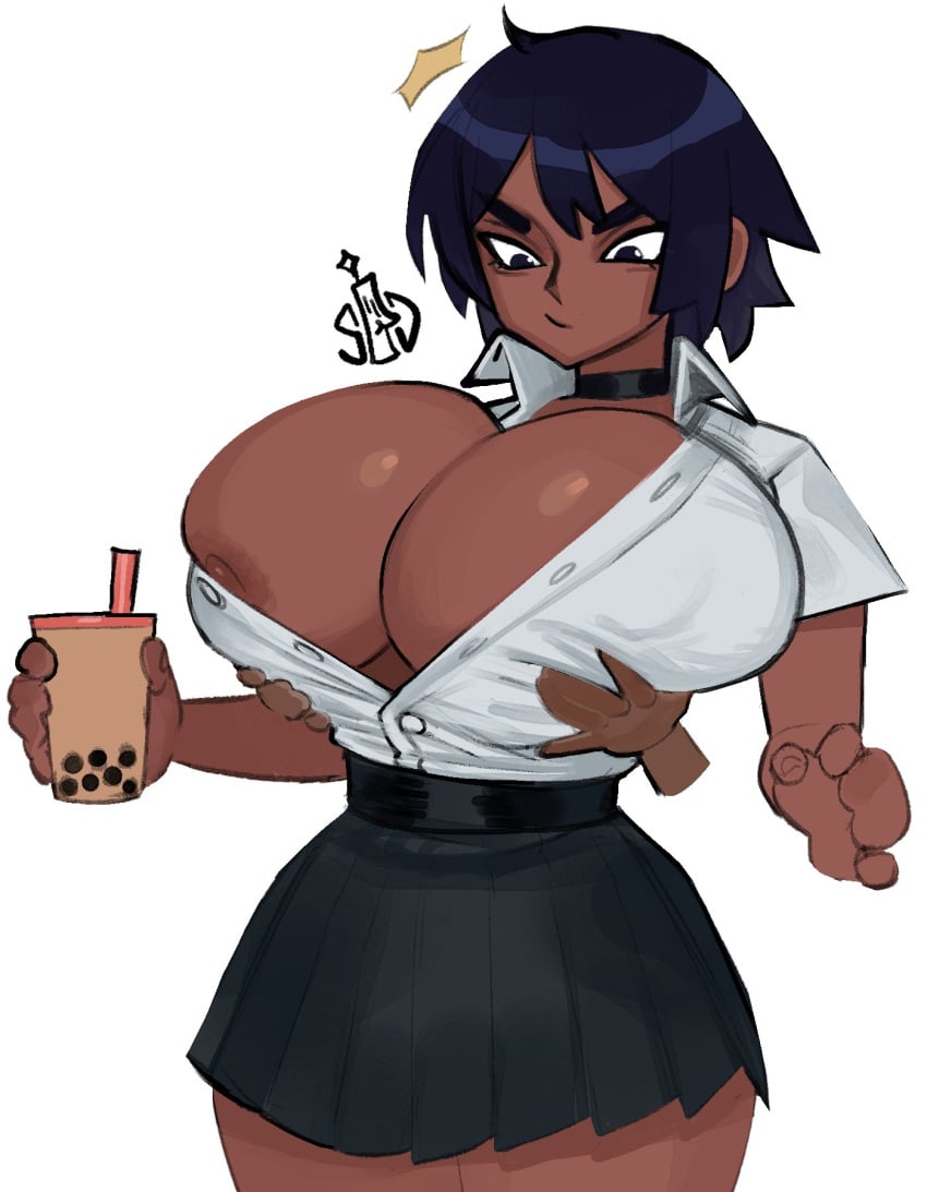 1girls 2025 2d areolae areolae_slip artist_logo black_eyes black_hair boba_tea breasts busty choker cleavage clothed clothing curvaceous curvy curvy_figure dark-skinned_female dark_skin disembodied_hands drink female female_only holding_breast huge_breasts nipple_slip nipples no_bra oc original original_character plain_background pleated_skirt short_hair simple_background skirt solo solo_female sweet_dynamite thick_thighs thighs white_background