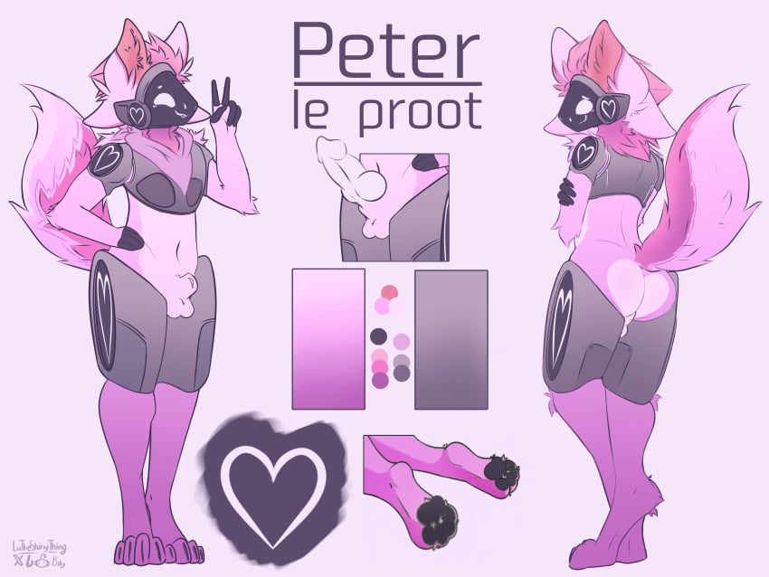 4_ears absurd_res animal_genitalia anthro arm_on_hip ass balls fully_sheathed genitals glowing glowing_genitalia glowing_penis hand_on_arm hi_res kerchief knot lutheshinything machine male male/male model_sheet multi_ear paws penis peter_(uwu_peter) protogen sheath solo tail