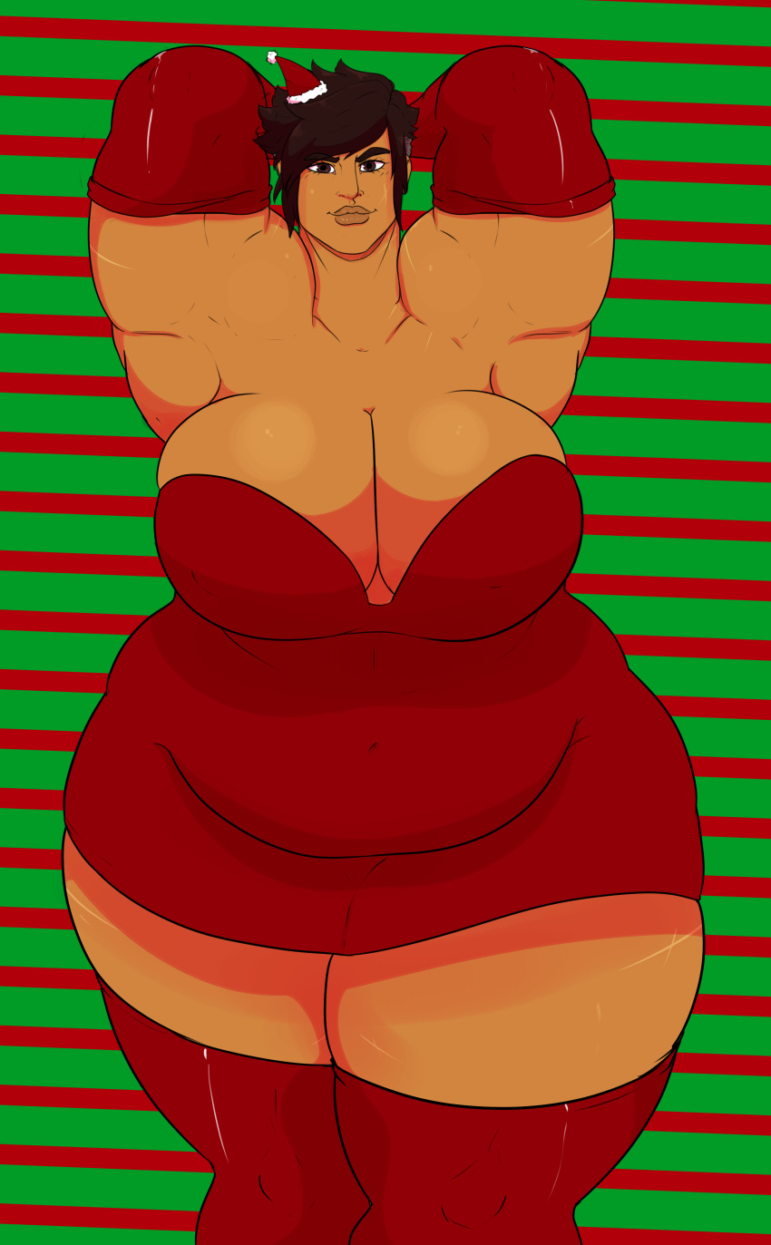 1girls 2019 absurd_res amazoness anne_(owlizard) arms_behind_head ass_bigger_than_breasts ass_bigger_than_head big_ass big_breasts big_butt brown_eyes brown_hair butt_bigger_than_head christmas chubby cleavage dark-skinned_female female green_background hi_res high_resolution highres human human_only large_ass large_breasts larger_female looking_at_viewer original original_character owlizard pose posing santa_costume santa_hat standing tan_skin thick_thighs