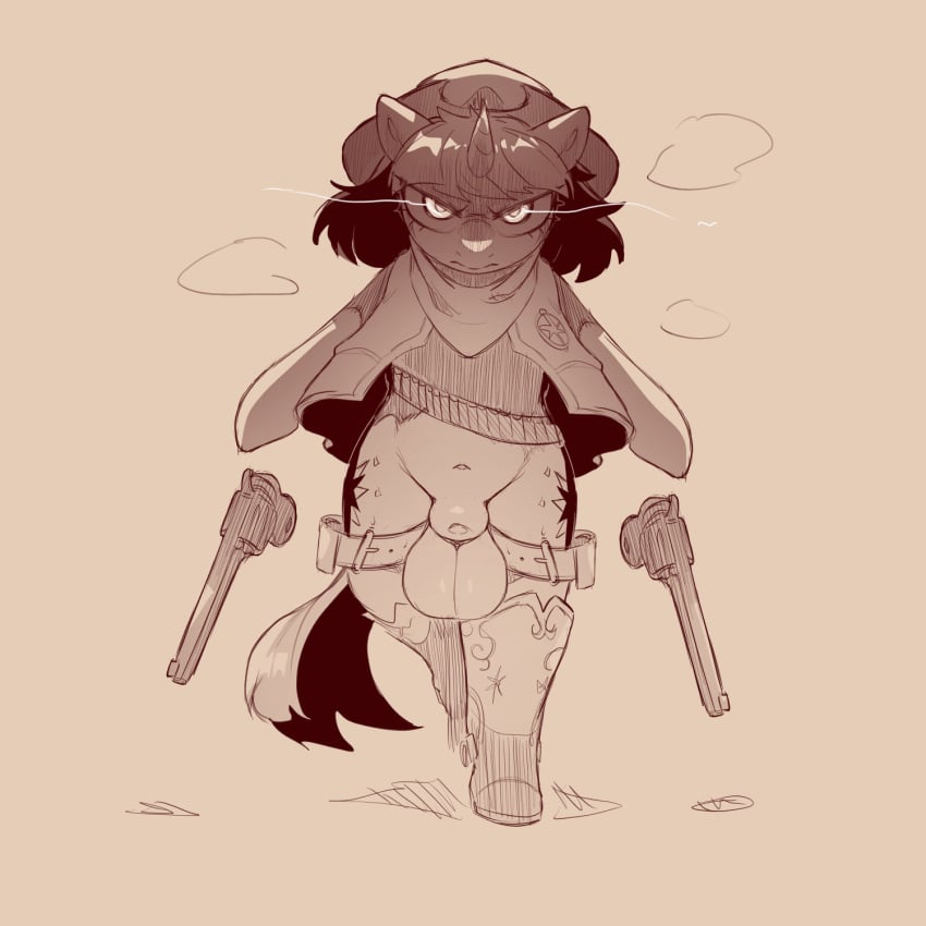 ammunition animal_genitalia balls bandolier boots breath clothing cold-blooded-twilight cowboy_boots equid equine footwear friendship_is_magic fully_sheathed futanari genitals glowing glowing_eyes gun gun_holster handgun hasbro hi_res horn intersex mammal my_little_pony mythological_creature mythological_equine mythology panting ranged_weapon semi-anthro sheath shoes solo twilight_sparkle_(mlp) unicorn weapon