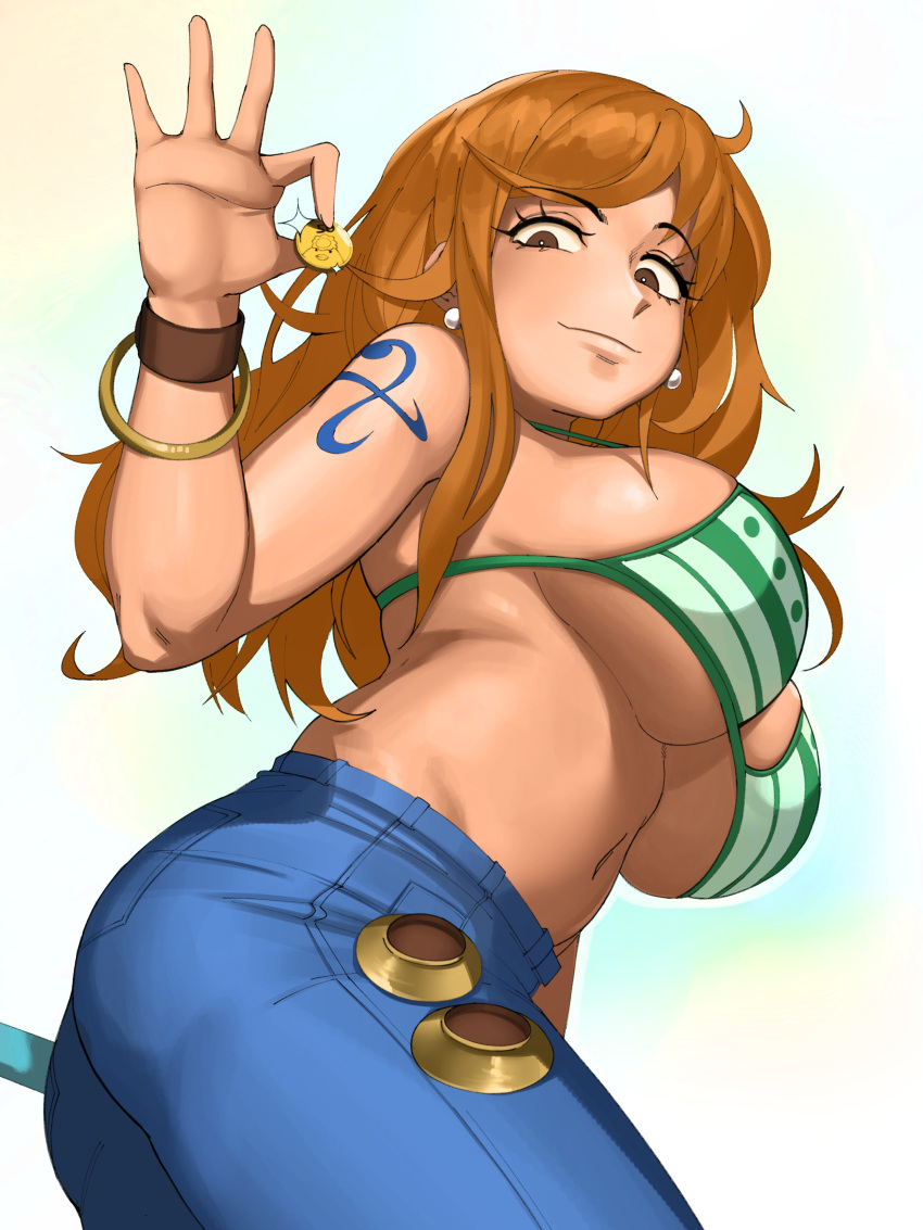 1girls ass big_ass big_breasts bikini breasts cleavage female female_only jeans kevbot large_breasts long_hair nami one_piece orange_hair post-timeskip solo striped_bikini