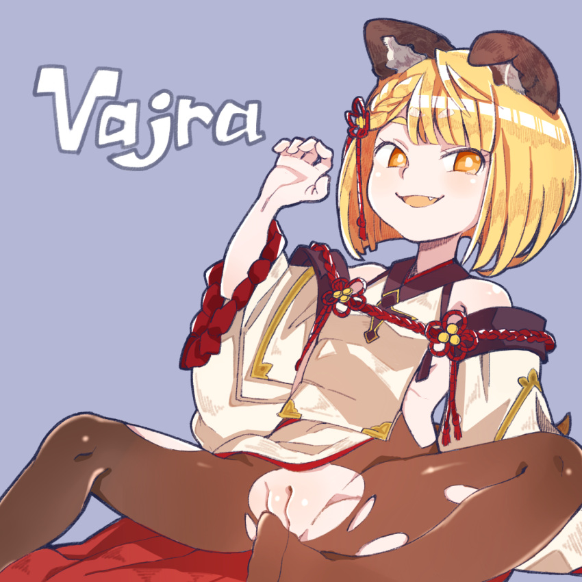 animal_ears blonde_hair braid character_name cleft_of_venus detached_sleeves fang female floppy_ears french_braid granblue_fantasy highres orange_eyes pantyhose pussy short_hair simple_background sleeveless smile solo torn_clothes torn_legwear vajra_(granblue_fantasy) yucopi