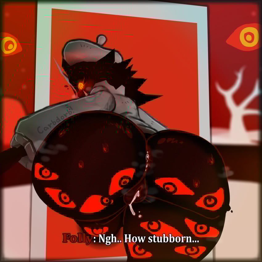 2d artist_name ass_focus behind_view black_skin broken_mask carbdorb cum folly_(regretevator) huge_ass red_eyes regretevator roblox roblox_game solo_female steam sweater text yellow_pupils