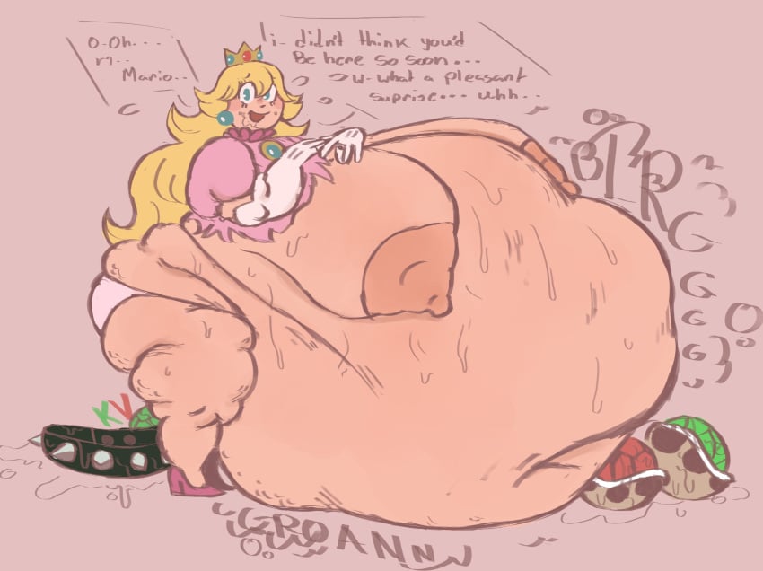 1girls areolae ass belly belly_on_ground big_belly blue_eyes cellulite crown drool drool_on_face embarrassed embarrassed_nude_female english_text fat female female_focus female_only gloves heels hips hyper hyper_belly hyper_breasts implied_vore koopa_shell kv_gutz large_ass large_breasts mario_(series) nintendo nipples obese obese_female offscreen_character overweight overweight_female panties princess princess_peach ripped_clothing shell spiked_collar stomach super_mario_bros. text thick_thighs thighs underwear vore wardrobe_malfunction weight_gain wide_hips