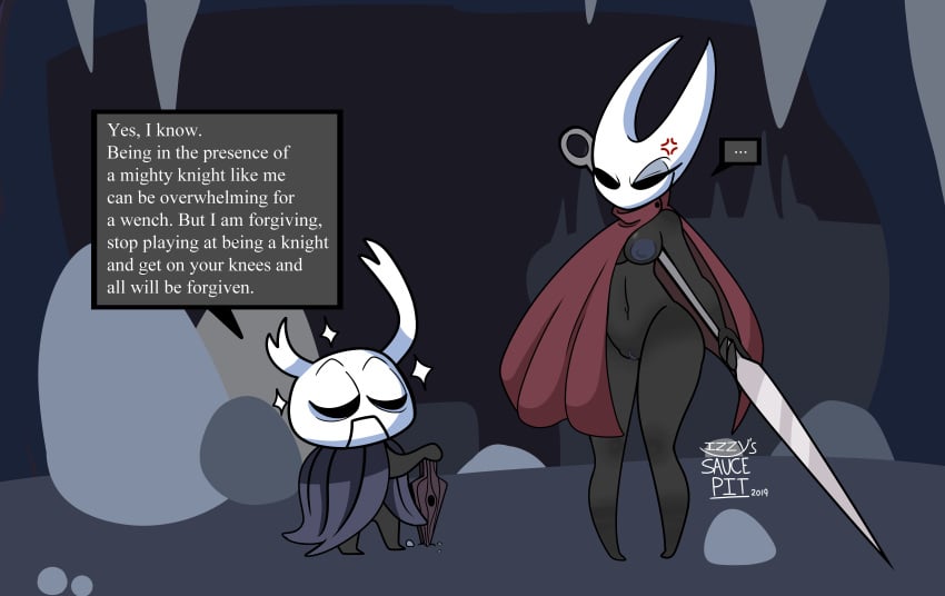 absurd_res angry arrogant arthropod black_body breasts cape cloak female hi_res hollow_knight hornet_(hollow_knight) insects male pussy red_cape saucepit_(artist) size_difference smaller_male superabsurd_res thick_thighs weapon zote zote_the_unmighty