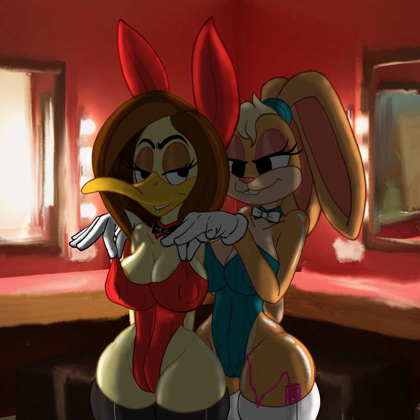 2girls anthro big_breasts bigumbuttis blonde_hair brown_hair bunny_ears bunny_girl bunny_tail bunnysuit cameltoe clothing duck fur furry highleg_leotard horny lola_bunny looney_tunes multiple_girls nipple_bulge ponytail rabbit sex_toy spicypepper straight_hair the_looney_tunes_show thick thick_thighs tight_clothing tina_russo vibrator vibrator_in_thighhighs vibrator_under_clothes warner_brothers