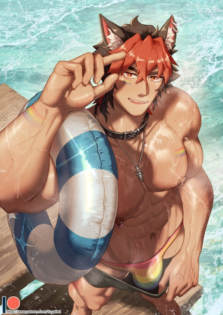 1boy abs animal_ears bara big_bulge big_pecs bulge gay komano_manato male male_focus male_only male_swimwear muscular muscular_male necklace nipples pecs pierced_nipples piercing solo solo_male swimwear yuya_owl yuyaowl zenless_zone_zero