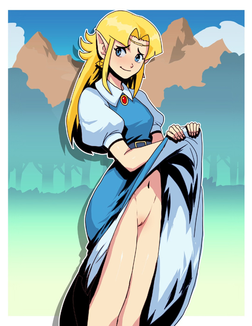 1girls a_link_to_the_past blonde_hair blue_eyes blush blushing clothing daga dress dress_lift earrings embarrassed female flashing forest hair human nintendo outside pointy_ears princess_zelda pussy royalty shaved_pussy solo solo_focus the_legend_of_zelda triforce_earrings vagina zelda_(a_link_to_the_past)