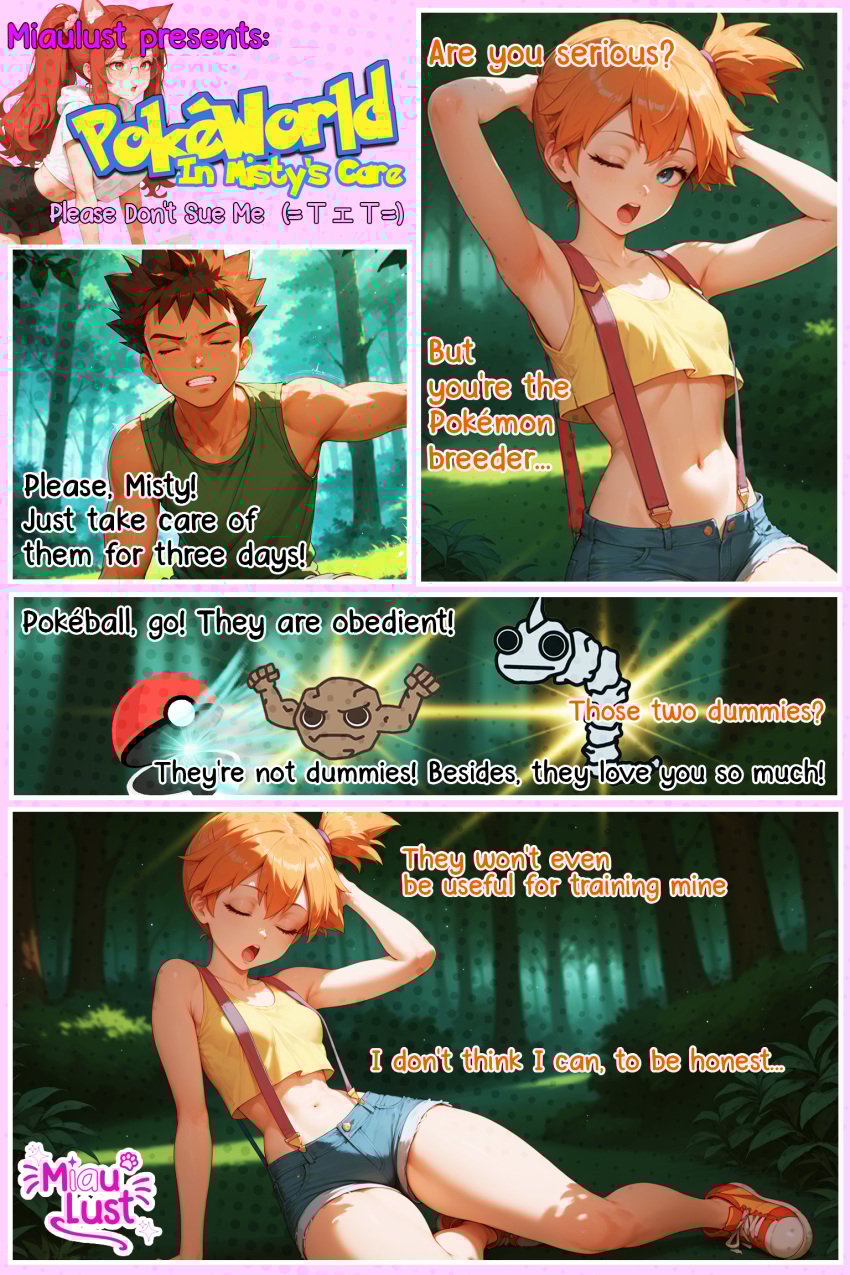 ai_generated bangs bare_shoulders blush breasts brock_(pokemon) cleavage closed_mouth collarbone crop_top denim denim_shorts eyelashes female geodude gym_leader heart heart-shaped_pupils kasumi_(pokemon) looking_up medium_breasts miaulust misty_(pokemon_frlg) navel onix orange_hair patreon_logo patreon_username pokemon pokemon_(creature) pokemon_(species) shorts side_ponytail sitting solo spread_legs suspenders symbol-shaped_pupils tagme tank_top watermark