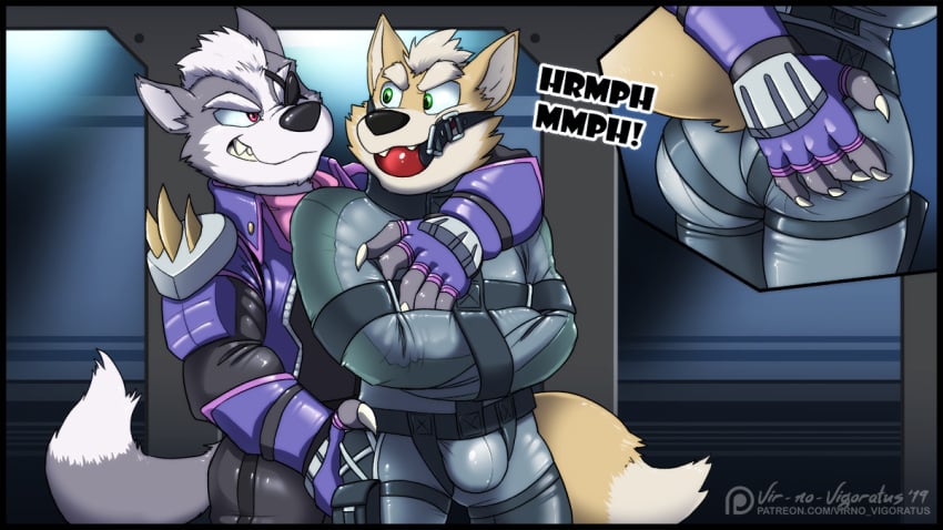 16:9 angry ball_gag bondage bound bulge canid canine canis clothing eye_patch eyewear fingerless_gloves fox fox_mccloud gag gagged gloves handwear male male/male male_only mammal nintendo rubber star_fox straitjacket video_games vir-no-vigoratus wolf wolf_o'donnell