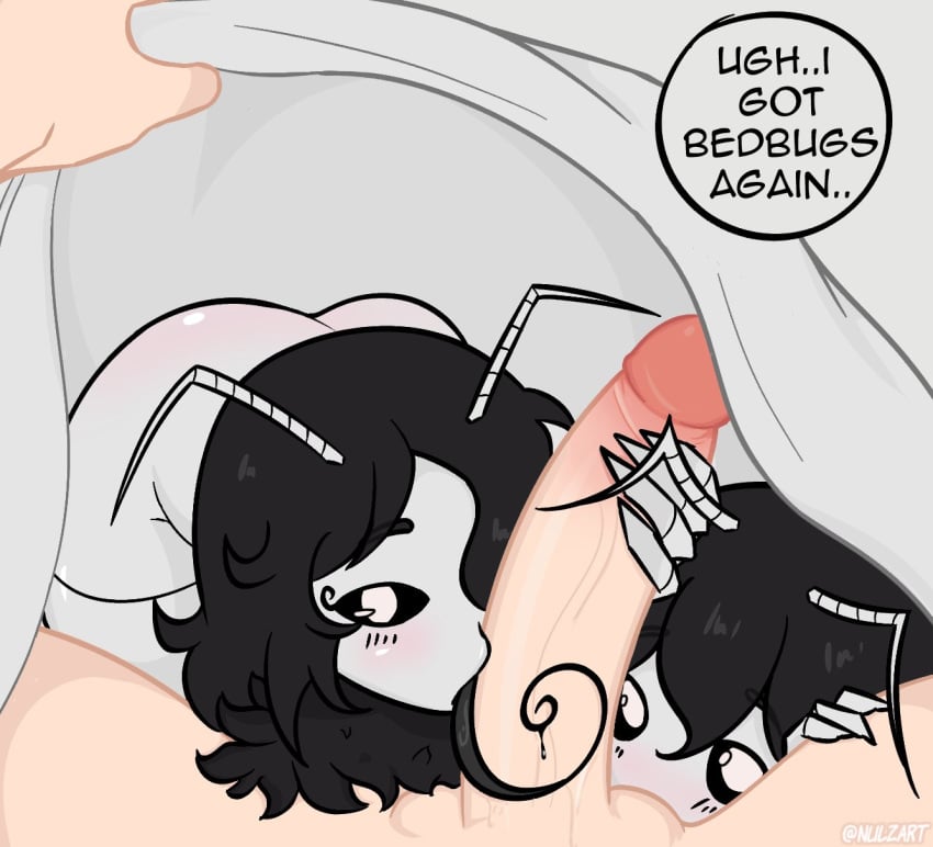 1boy 2d 2girls bed blanket bug_girl english_text female light-skinned_male male nulzart oral oral_sex original original_character original_characters penis pov pov_eye_contact sucking_balls text text_bubble under_blanket