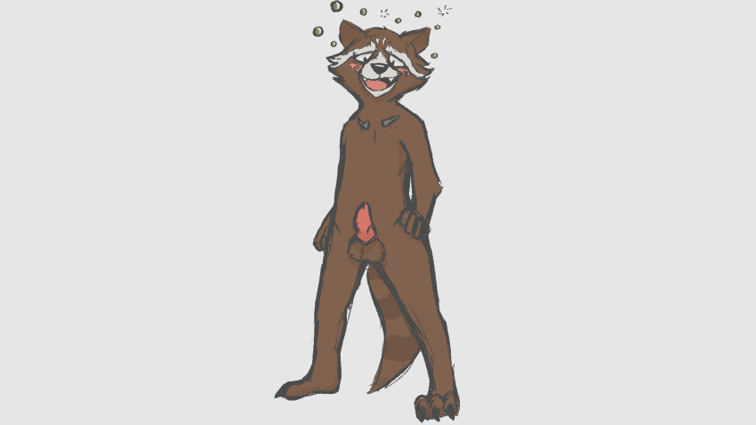 16:9 2019 alcohol anthro balls beverage blush brown_body brown_fur canid canine claws digital_media_(artwork) drunk erection fur guardians_of_the_galaxy hi_res invalid_tag looking_at_viewer male male_only mammal marvel nude open_mouth paws penis procyonid raccoon rocket_raccoon simple_background smallsavant smile solo substance_intoxication teeth tongue white_body white_fur