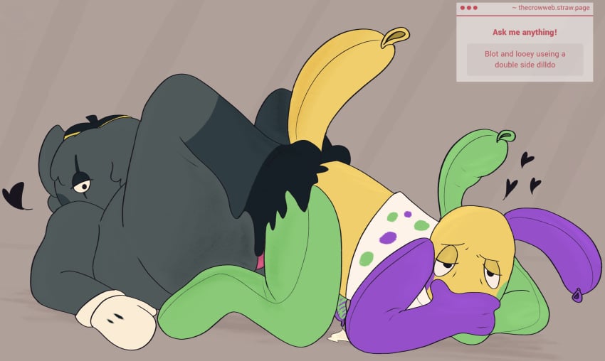 ass_to_ass balloon blot_(dandy's_world) covered_mouth covering_mouth crowdoctor dandy's_world dandys_world dildo dildo_in_ass double_penetration double_sided_dildo goo_creature gooey hearts_around_head looey_(dandy's_world) male male_only mime multicolored_body sex sharing_dildo sharing_sex_toy