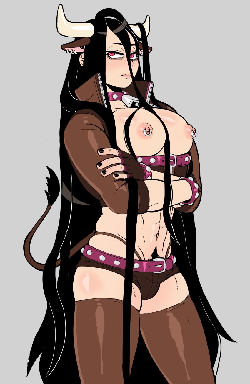 1boy abs black_hair breasts breasts_out bulge danganronpa femboy galsteaks horns izuru_kamukura large_breasts latex male male_focus male_only moobs nipple_piercing nipples pink_eyes pose pubes rule_63 short_shorts simple_background standing tail thighhighs very_long_hair