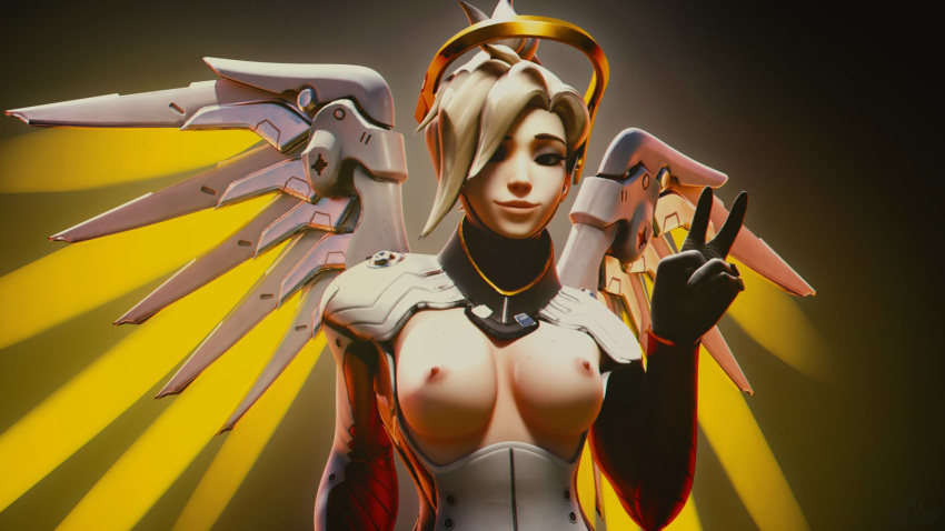 3d angel_wings areolae big_breasts blizzard_entertainment breasts looking_at_viewer mercy nipples overwatch smile smiling smiling_at_viewer topless wunder yellow_hair