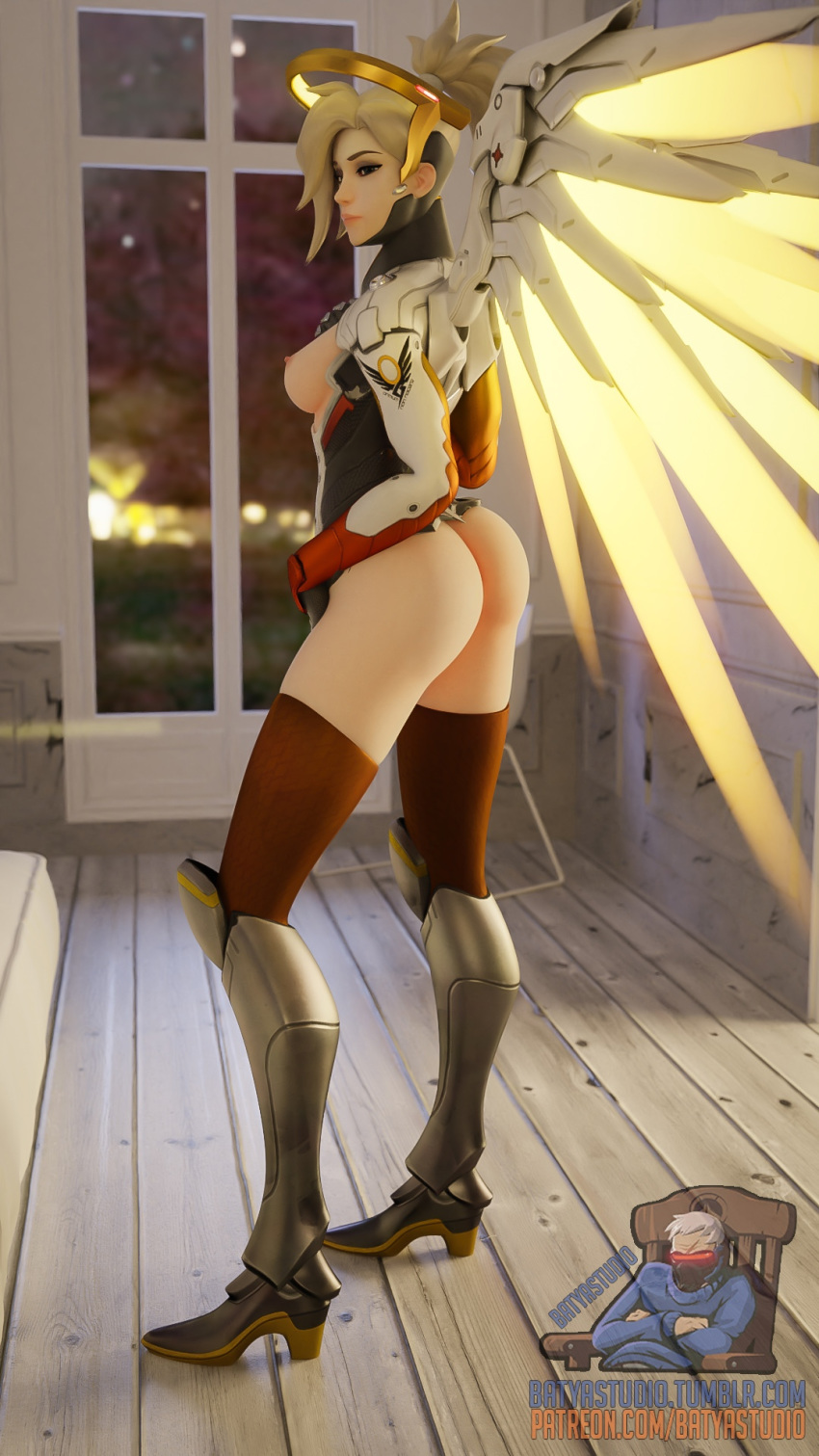 3d angel_wings ass batyastudio big_ass big_breasts big_butt blizzard_entertainment bottomless breast_grab breasts butt exposed_breasts mercy nipples overwatch pose posing round_ass thighhighs topless yellow_hair