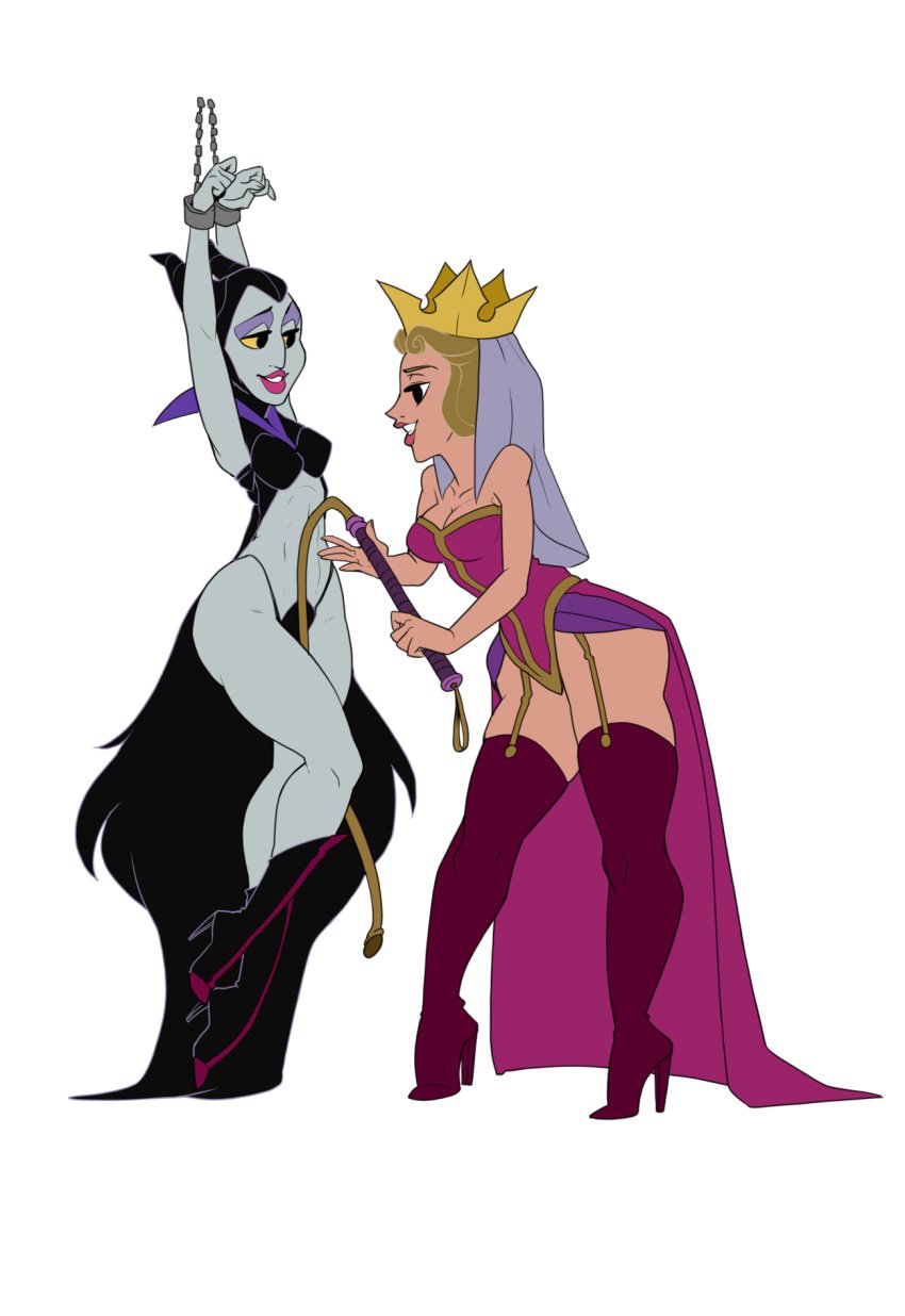 2girls armpits arms arms_up blonde_hair bondage breasts bunnox chains cleavage crown dabunnox disney disney_villains female female_only high_heel_boots high_heels horns legs lipstick maleficent mother multiple_girls queen queen_leah royalty sleeping_beauty_(1959_film) whip witch yuri