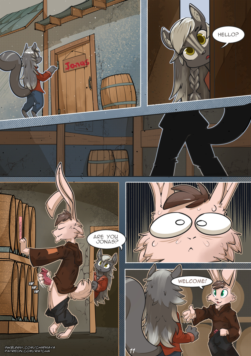 2019 6_panel_comic anthro barrel bodily_fluids braided_hair bulge caught caught_masturbating clothed clothing comic dialogue door duo english_text female fur genital_fluids hair hi_res humanoid_penis inkbunny lagomorph leporid male mammal masturbation mephitid page_11 patreon_username penile penile_masturbation penis precum public_masturbation rabbit rabbit_boy rabbit_ears rabbit_girl rabbit_humanoid rabbit_tail rags ratcha skunk striped_skunk sweat text visentha_(chirmaya)