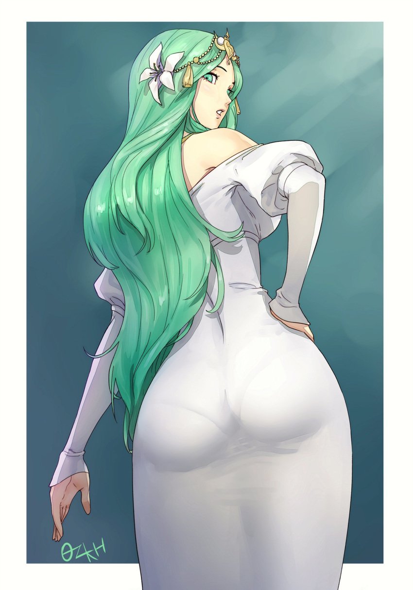 1girls 2019 2d 2d_(artwork) artist_name ass ass_focus back back_view big_ass butt_focus clothed clothed_female dress female female_only fire_emblem fire_emblem:_three_houses fully_clothed gem green_background green_eyes green_hair hair_flower hair_ornament jewelry light-skinned_female light_skin long_hair looking_at_viewer looking_back milf nintendo no_sex not_ai_generated open_eyes ozkh panties pantylines pawg realistic_proportions rhea_(fire_emblem) sfw solo solo_female tiara tight_clothing tight_dress video_game_character wavy_hair white_border