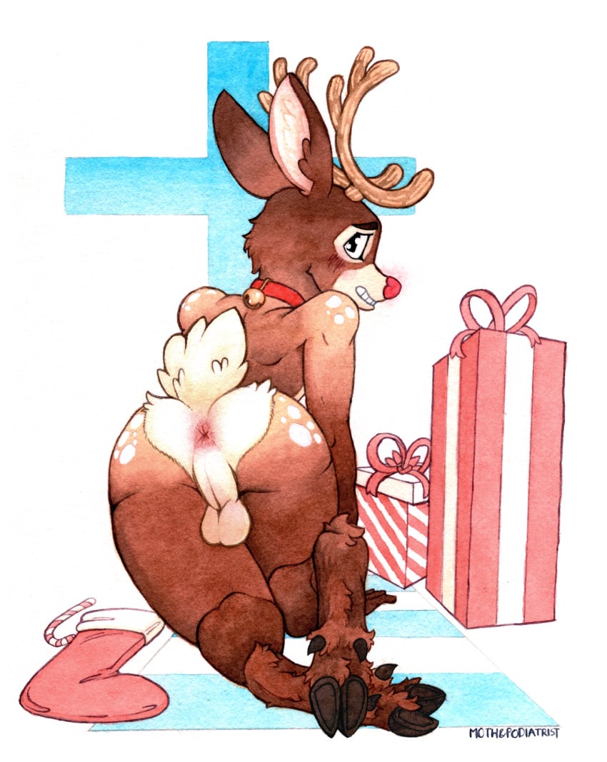 2020 abstract_background all_fours anthro antlers anus ass backsack balls bell bell_collar big_butt blush capreoline cervid christmas cloven_hooves collar countershading fur genitals gift hi_res holidays hooves horn looking_at_viewer looking_back male male_only mammal mothandpodiatrist multicolored_body multicolored_fur nude painting_(artwork) perineum presenting presenting_hindquarters red_nose reindeer rudolph_the_red_nosed_reindeer smile solo thick_thighs traditional_media_(artwork) two_tone_body two_tone_fur watercolor_(artwork) wide_hips