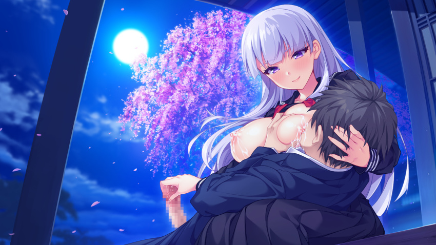 1boy babumi! black_skirt breast_feeding breast_grab breasts breasts_out censored cherry_blossoms erection female full_moon game_cg grabbing handjob huge_breasts lactation long_hair long_sleeves mame_oji-tan moon mosaic_censoring night nipples nursing nursing_handjob official_art penis pleated_skirt porch purple_eyes sakaki_mafuyu school_uniform sitting skirt smile white_hair