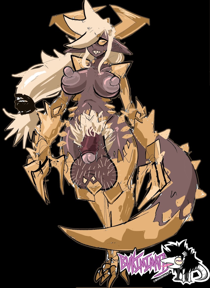 big_penis black_body blonde_hair bukimimata flaccid_penis futanari hairy_balls horns looking_at_viewer medium_breasts monster_girl oversized_balls pubic_hair scales scalie_humanoid sharp_teeth solo solo_futa tail