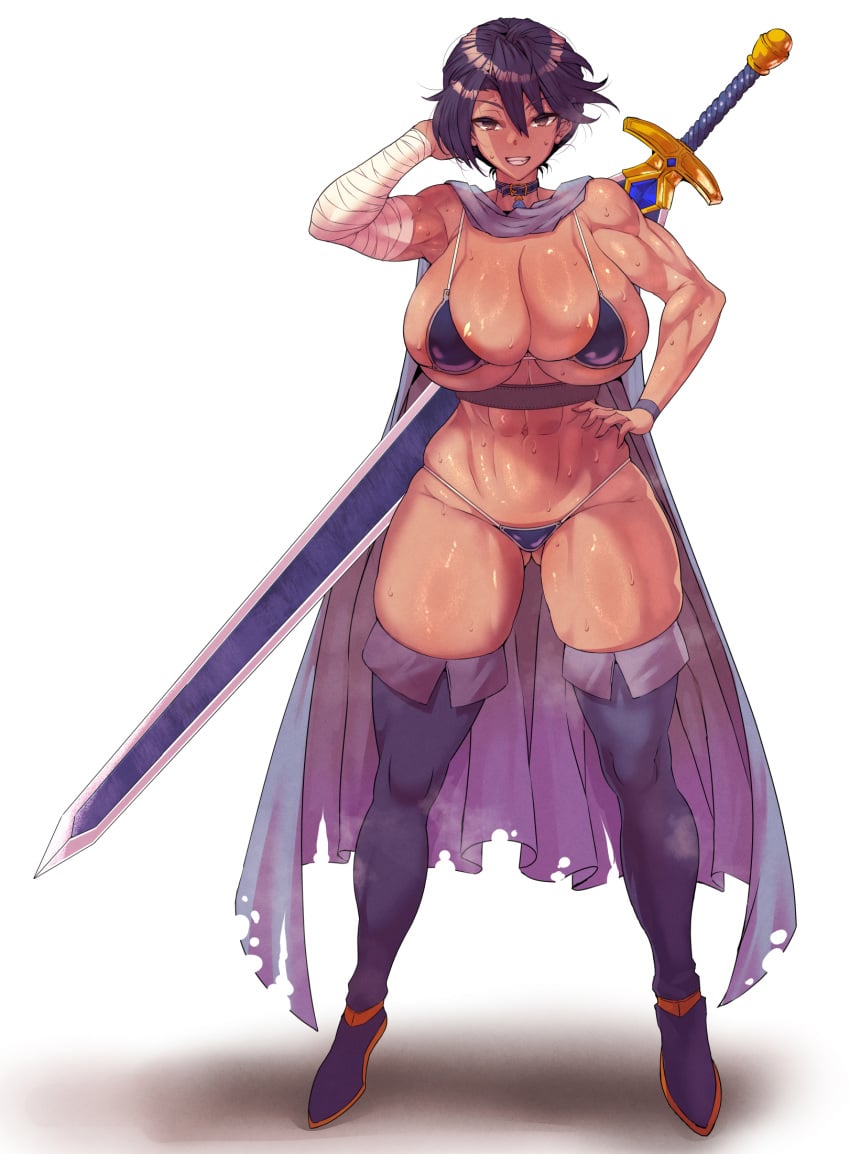 abs bikini black_bikini black_choker black_hair boots breasts brown_eyes cape choker commission dark-skinned_female dark_skin female gluteal_fold highres huge_breasts huge_weapon looking_at_viewer muscular muscular_female original pixiv_commission purple_footwear short_hair simple_background skindentation solo sweat swimsuit sword sword_behind_back tan thigh_boots wakura_(gcdan) weapon white_background