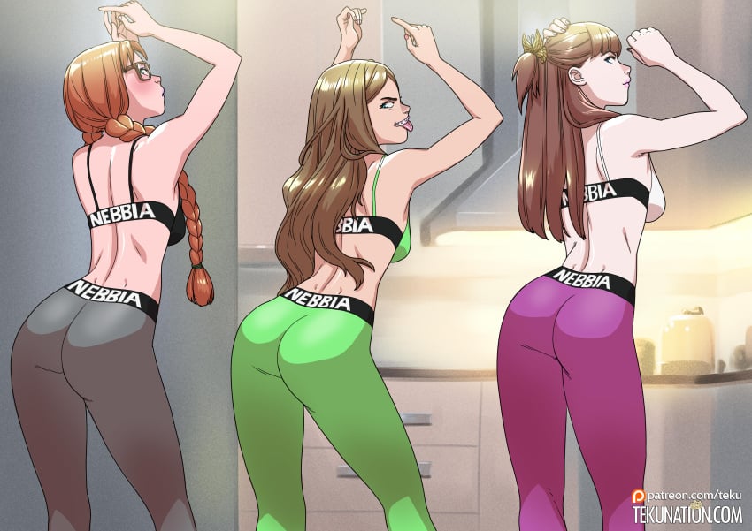 3girls anna_(tekuho) armpits ass back blue_eyes blush bra braces braid braided_hair braids brown_hair ginger glasses green_eyes gym gym_uniform july_(tekuho) lipstick long_hair looking_at_viewer looking_back mascara naughty naughty_face original patreon red_hair sports_bra tammy_(tekuho) teenager tekuho text tongue_out twin_braids twintails url watermark white_skin yoga_pants