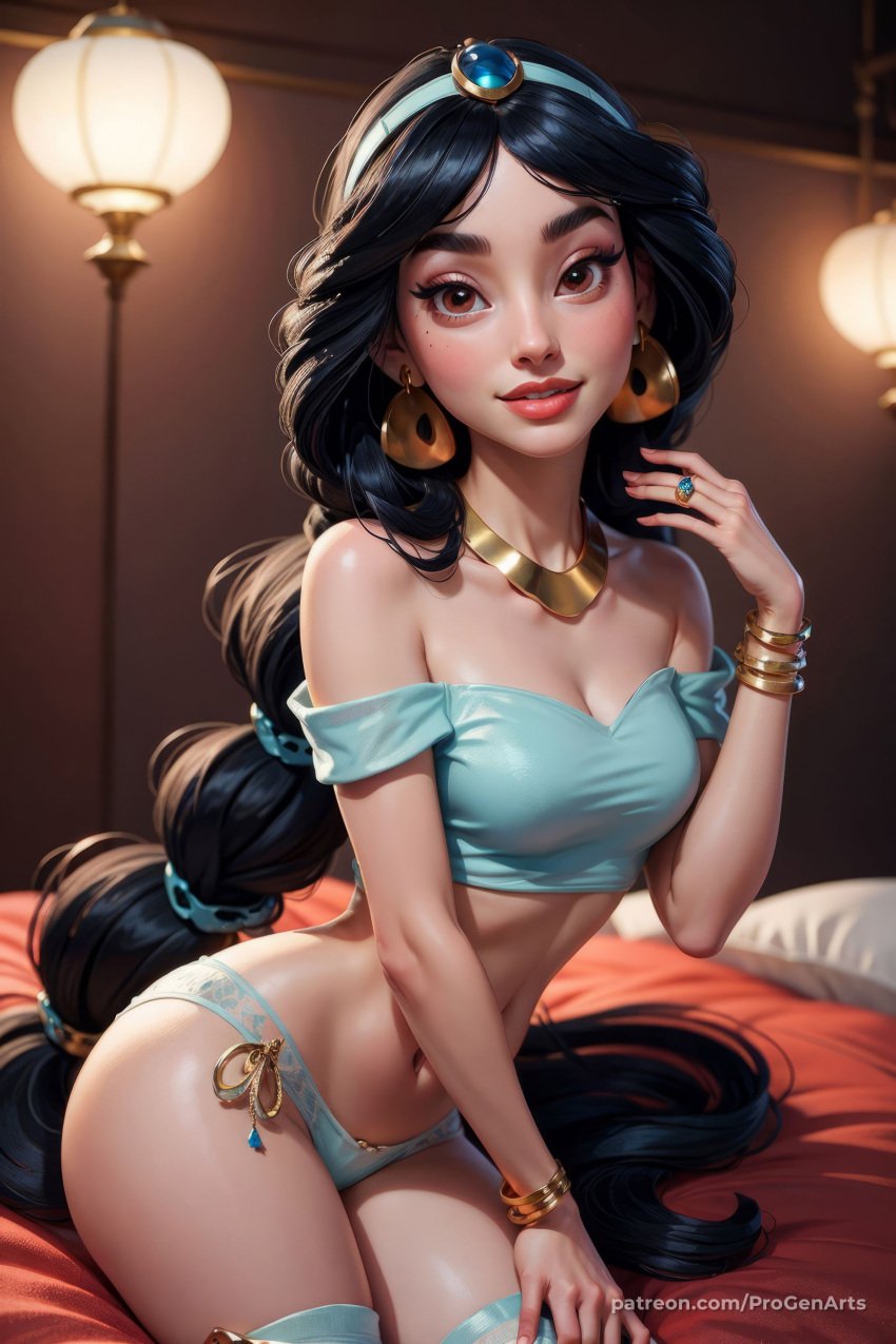 1girls ai_generated aladdin aladdin_(1992_disney_film) aqua_shirt artist_name bangle bare_shoulders bed black_hair blue_hairband blue_panties blue_shirt blush bracelet braid breasts brown_eyes cleavage collarbone crop_top earrings fingernails gem gold hairband hand_up hi_res indoors jewelry lamp lips long_hair looking_at_viewer makeup medium_breasts midriff mole mole_under_eye multi-tied_hair nail_polish navel necklace off-shoulder_shirt off_shoulder panties parted_lips princess_jasmine progenarts red_lips ring shiny_skin shirt sitting smile solo stomach thick_eyebrows thighhighs underwear very_long_hair web_address white_thighhighs