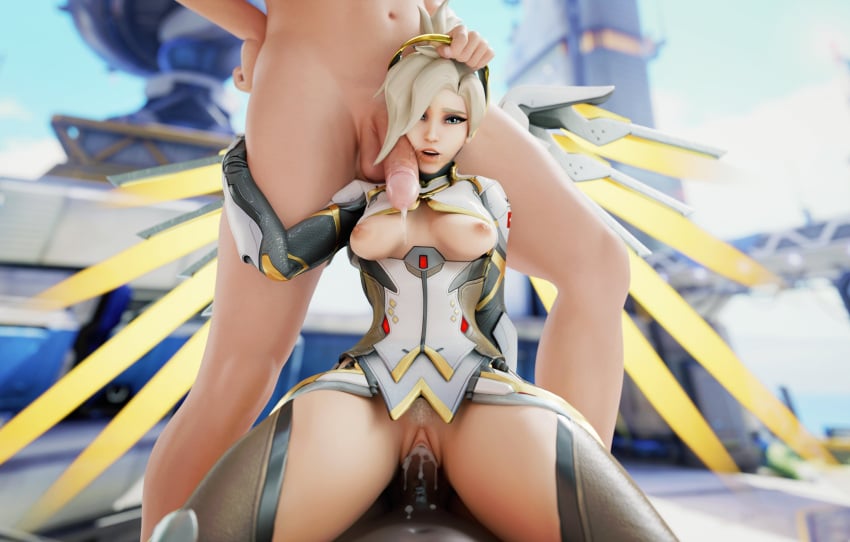 1girls 2boys 3d blonde_hair blue blue_eyes cowgirl_position cum cum_on_face dark-skinned_male dark_skin dinoboy555 exposed_breasts exposed_nipples interracial light-skinned_female light-skinned_male light_skin looking_at_viewer male_pov mercy mmf_threesome overwatch penetration pov sex threesome