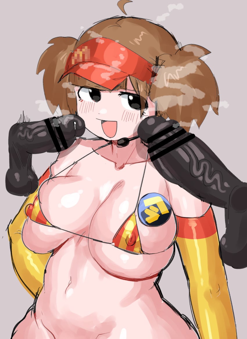 1boy 1girls big_breasts bikini black_penis brown_hair censor_bar censored censored_penis cute_face double_cheese_(mcdonald&#039;s) mcdonald&#039;s mesugaki micro_bikini nagomami no_panties pointless_censoring smug twintails_(hairstyle) visible_breath