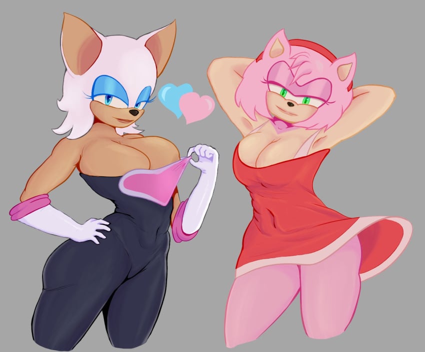 2girls amy_rose big_breasts cleavage female furry nipple_slip pulling_clothing reasue rouge_the_bat sega sonic_(series)