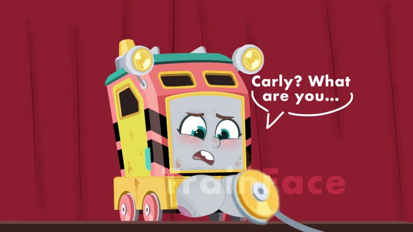 accurate_art_style artstyle_imitation blush breast_grab carly_the_crane dialogue freckles freckles_on_breasts freckles_on_face locomotive mattel sandy_the_rail_speeder small_breasts smaller_female thomas_and_friends thomas_and_friends_all_engines_go train uncomfortable wheel yuri