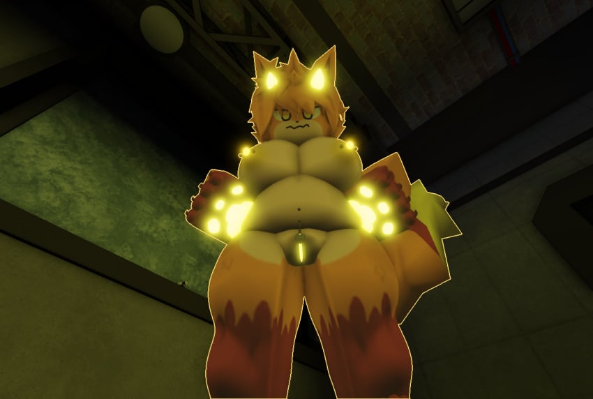 1girls 3d annoyed_expression anthro belly_piercing big_breasts breasts fashui_(kaiju_paradise) female furry kaiju_paradise looking_at_viewer nipple_piercing ravenuwu roblox roblox_game robloxian self_upload tagme yellow_nipples yellow_pussy