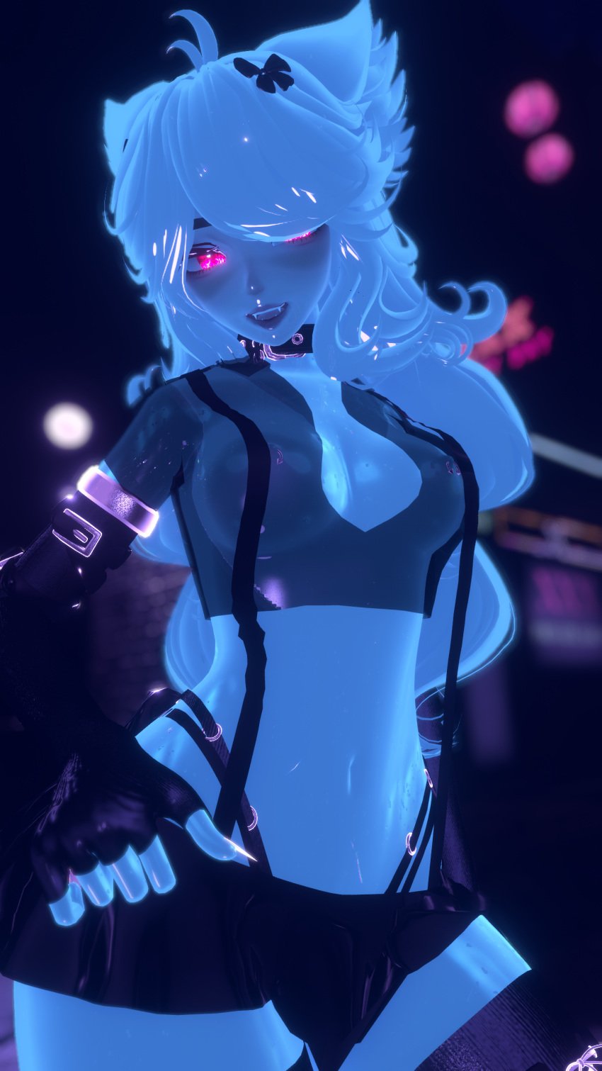 3d 3d_model bowtie choker content_creator fangs glowing_eyes maxi_the_muse miniskirt piercings slime slime_girl slime_monster straps transparent transparent_body vr_media vrchat vrchat_avatar vrchat_media vrchat_model