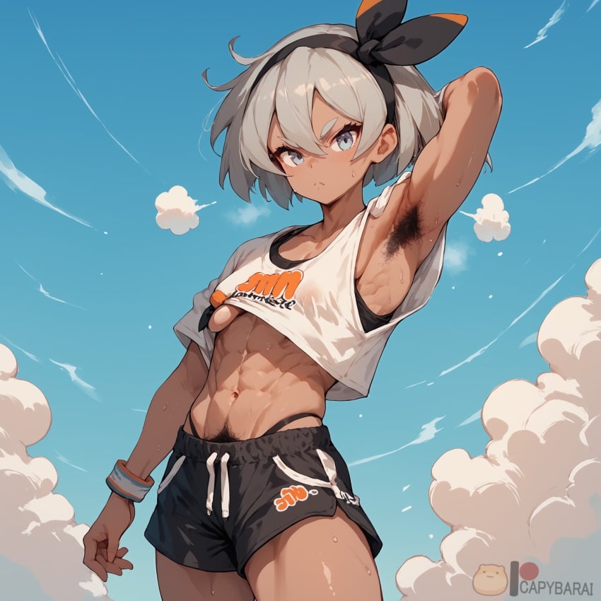 abs ai_generated armpit_hair armpits arms_up bangs bare_arms bea_(pokemon) biceps black_hair_ornament black_hairband black_shorts blush bow_hairband breasts capybarai closed_mouth clothing cowboy_shot crop_top dark-skinned_female dark_skin dolphin_shorts female female_only grey_eyes grey_hair hair_between_eyes hairband headwear indoors looking_at_viewer midriff muscle muscular_female navel obliques pokemon pokemon_(game) pokemon_ss pubic_hair shirt short_hair shorts small_breasts solo sports_bra standing steam stomach sweat thick_eyebrows thighs tomboy toned underboob underwear v-shaped_eyebrows wet white_hair