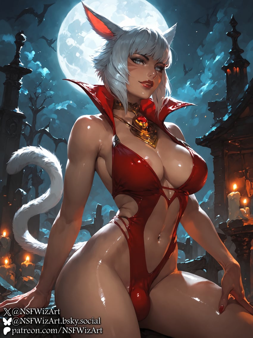 1futa 1futanari ai_generated at_night barely_clothed belly_button big_breasts breasts bulge bulge_through_clothing candle candlelight candles cat_ears cat_girl cat_tail catgirl eye_contact final_fantasy final_fantasy_xiv from_below futa_focus futa_only futanari gravestone graveyard looking_at_viewer miqo'te moon moonlight navel necklace night night_sky nip_slip nipslip nsfwizart red_clothing red_lips red_lipstick red_swimsuit seductive seductive_gaze seductive_look shasar shiny_skin solo solo_focus solo_futa solo_futanari stable_diffusion string_bikini swimsuit toned toned_female toned_stomach vampirella_(cosplay) viewed_from_below white_hair wristwear y'shtola