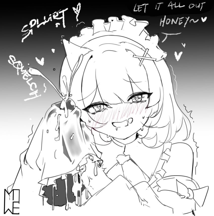 1boy1girl artist_logo black_and_white blush cum cum_in_clothes cum_in_sleeve cum_through_clothes cumshot dialogue english_text female ghost ghost_girl greyscale hair_between_eyes hair_ornament handjob heart-shaped_pupils indie_virtual_youtuber long_sleeves maid maid_headdress mint_fantome sleevejob smile sound_effects text virtual_youtuber vtuber wems