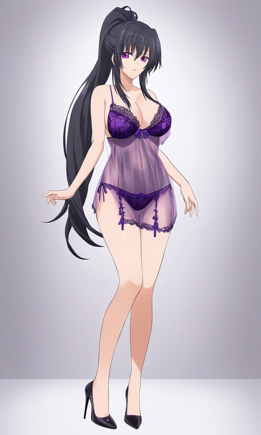 1girls ai_generated akeno_himejima black_hair breasts full_body high_heels high_school_dxd large_breasts lingerie looking_at_viewer outcyli731 panties ponytail purple_eyes see-through solo stable_diffusion standing thick_thighs