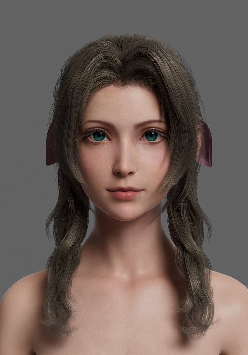 1girls 3d aerith_gainsborough billyhhyb brown_hair final_fantasy final_fantasy_vii green_eyes hair_ribbon lips looking_at_viewer topless topless_female