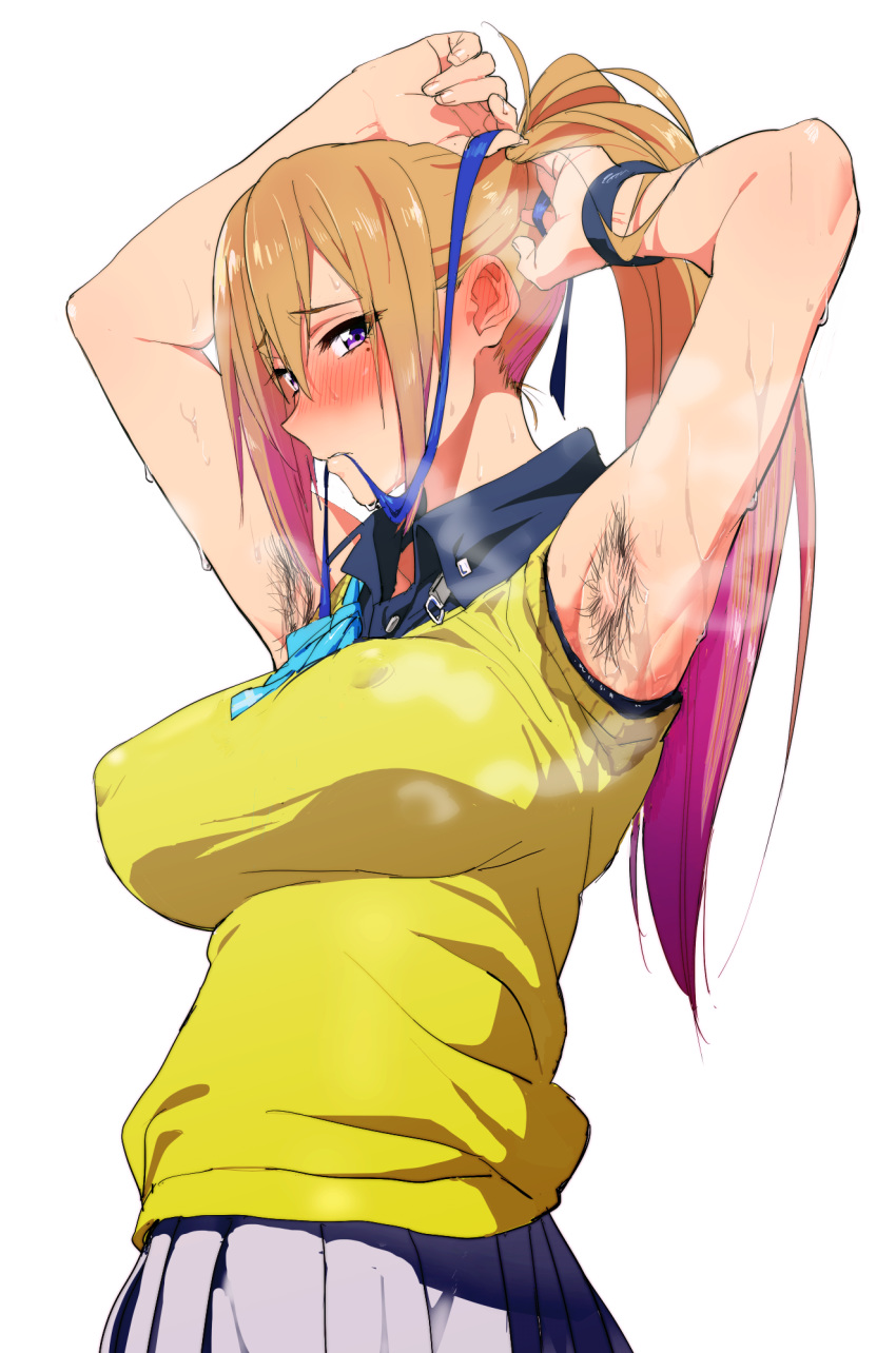 armpit_hair armpits blush female_only hairy_armpits ishii_takamori kawakami_mai looking_at_viewer musaigen_no_phantom_world sexy_armpits skirt sweat sweat_stain sweaty_armpits yellow_shirt