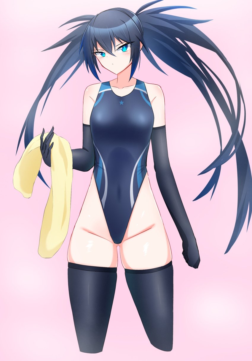 1girls artist_request black_hair black_rock_shooter black_rock_shooter_(character) blue_eyes blush breasts elbow_gloves female gloves long_hair one-piece_swimsuit pointy_chin solo swimsuit thighhighs towel twintails