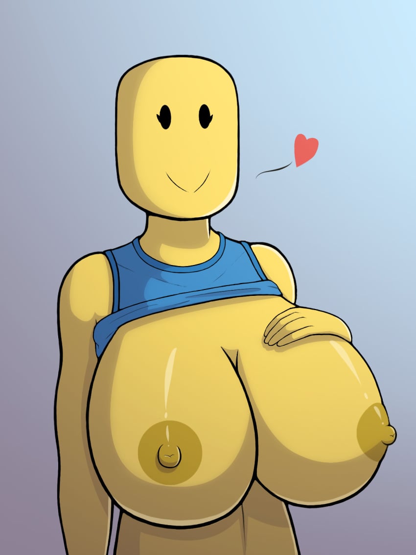 1girls areolae artist_request bald bald_female big_breasts black_eyes blue_background blue_shirt blue_tank_top breasts breasts_out female female_only gradient_background hand_on_breast heart huge_breasts nipples noob roblox robloxian shirt_lift smile solo solo_female source_request standing stomach tank_top tank_top_lift yellow_skin