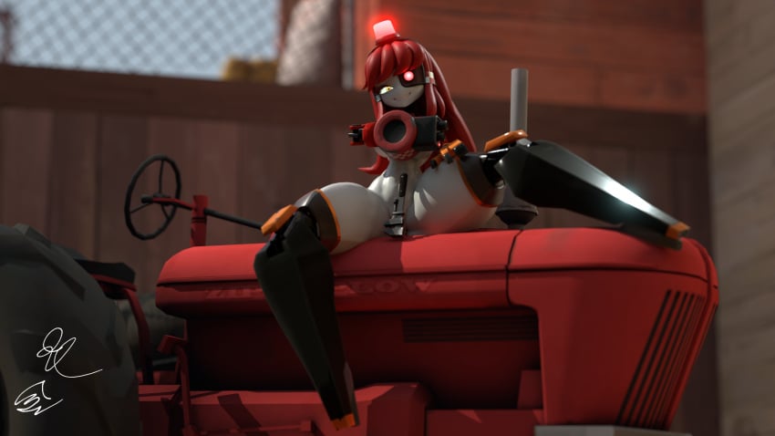 16:9 1girls 3d 3d_(artwork) artist_signature breasts covered_nipples covering_breasts covering_crotch female large_breasts looking_at_viewer mimi_sentry mimi_sentry_(zzwz) psychodelia robot robot_girl sitting smile solo spread_legs tagme team_fortress_2 thick_thighs tractor wrench