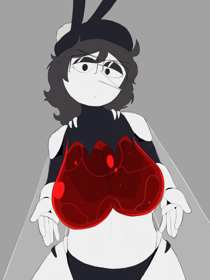 blood confusedsabron errorplush glasses insect_girl large_breasts mosquito pointy_nose segmented_body short_hair translucent_body translucent_breasts