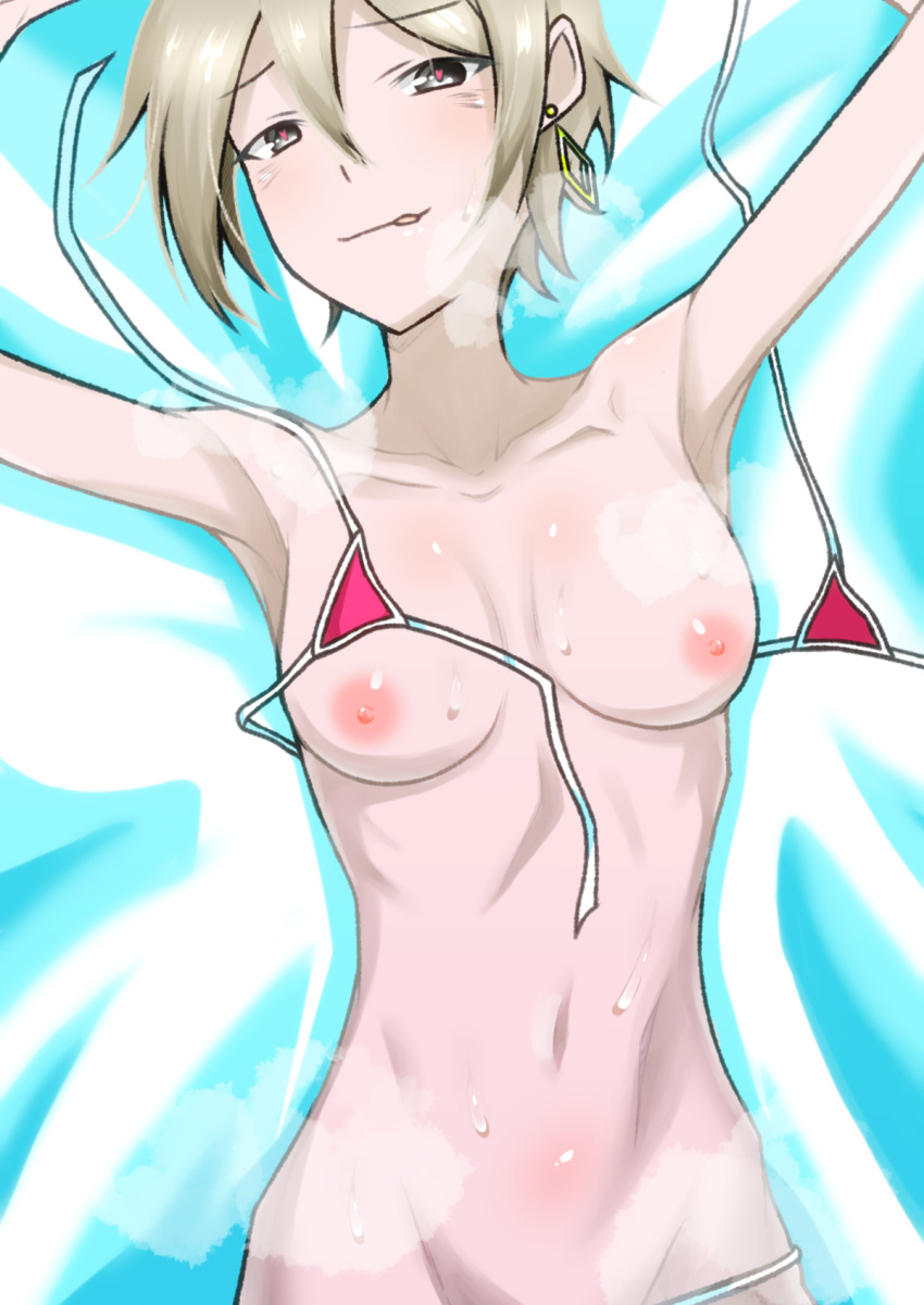 armpits arms_up black_eyes blonde_hair breasts breasts_out female idolmaster idolmaster_cinderella_girls looking_at_viewer medium_breasts minami_(y-r-h998d) nipples shiomi_shuuko short_hair solo string_bikini untied_bikini wet