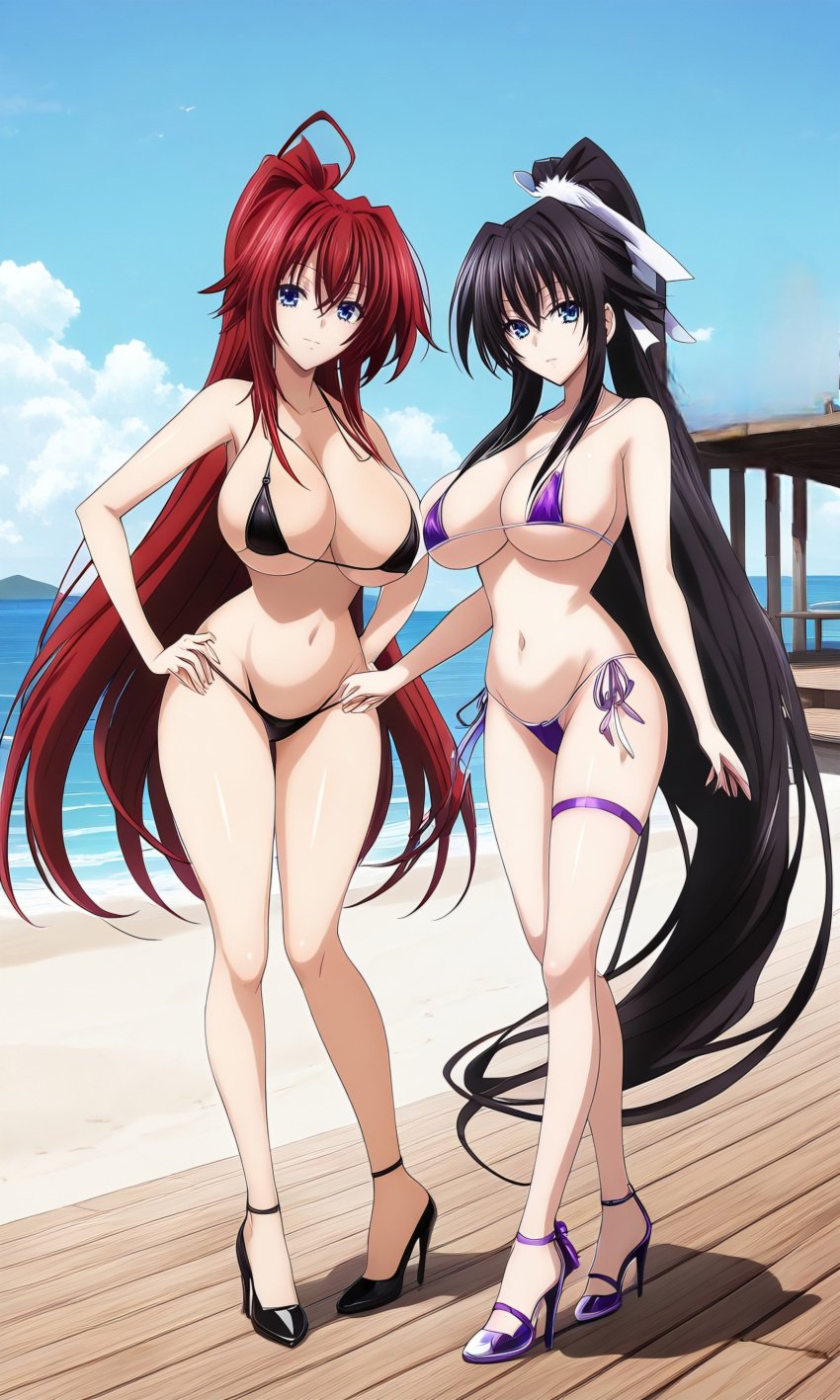 ai_generated akeno_himejima big_breasts bikini black_hair blue_eyes breasts dominant_females high_heels high_school_dxd micro_bikini outcyli731 purple_eyes red_hair rias_gremory stable_diffusion thick_thighs