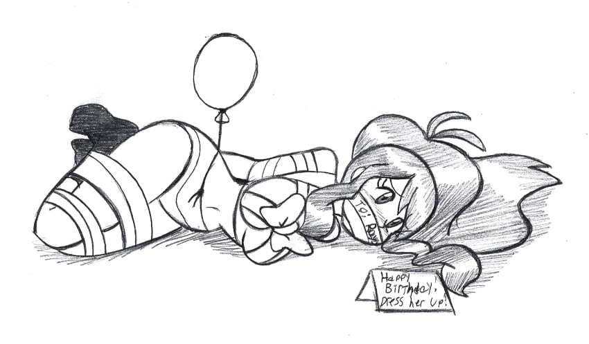 1girls balloon big_breasts black_and_white bondage bound female female_only hilda_(pokemon) long_hair panties pokemon_bw raya100 ribbon ribbon_bondage sketch