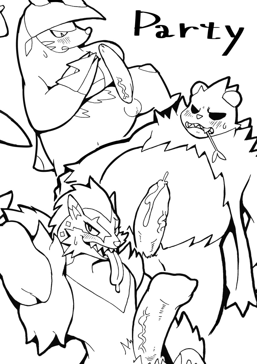 2019 3boys anthro blush bodily_fluids claws drooling erection excadrill eye_contact furry genital_fluids half-closed_eyes hi_res humanoid_penis kori-nio looking_at_viewer male male_only mammal mole monochrome mustelid nintendo obstagoon open_mouth panda pangoro penis pokémon_(species) pokemon pokemon_bw pokemon_ss pokemon_xy rodent saliva sweat testicles text tongue tongue_out ursid veins video_games